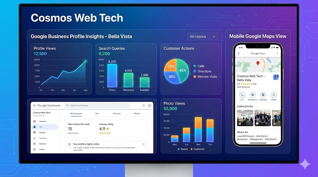 Google Business Profile dashboard showing map, insights, and performance metrics