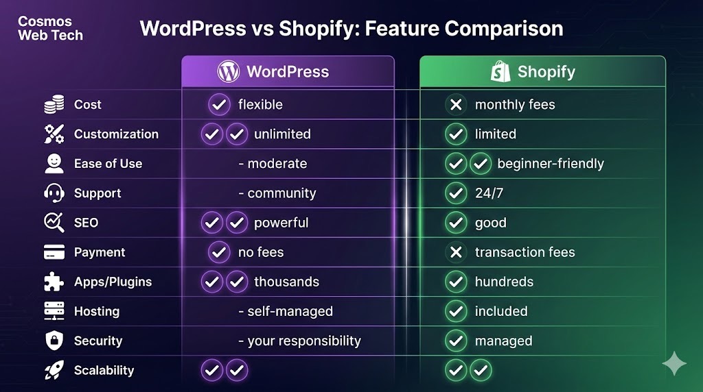 WordPress vs Shopify head-to-head comparison infographic