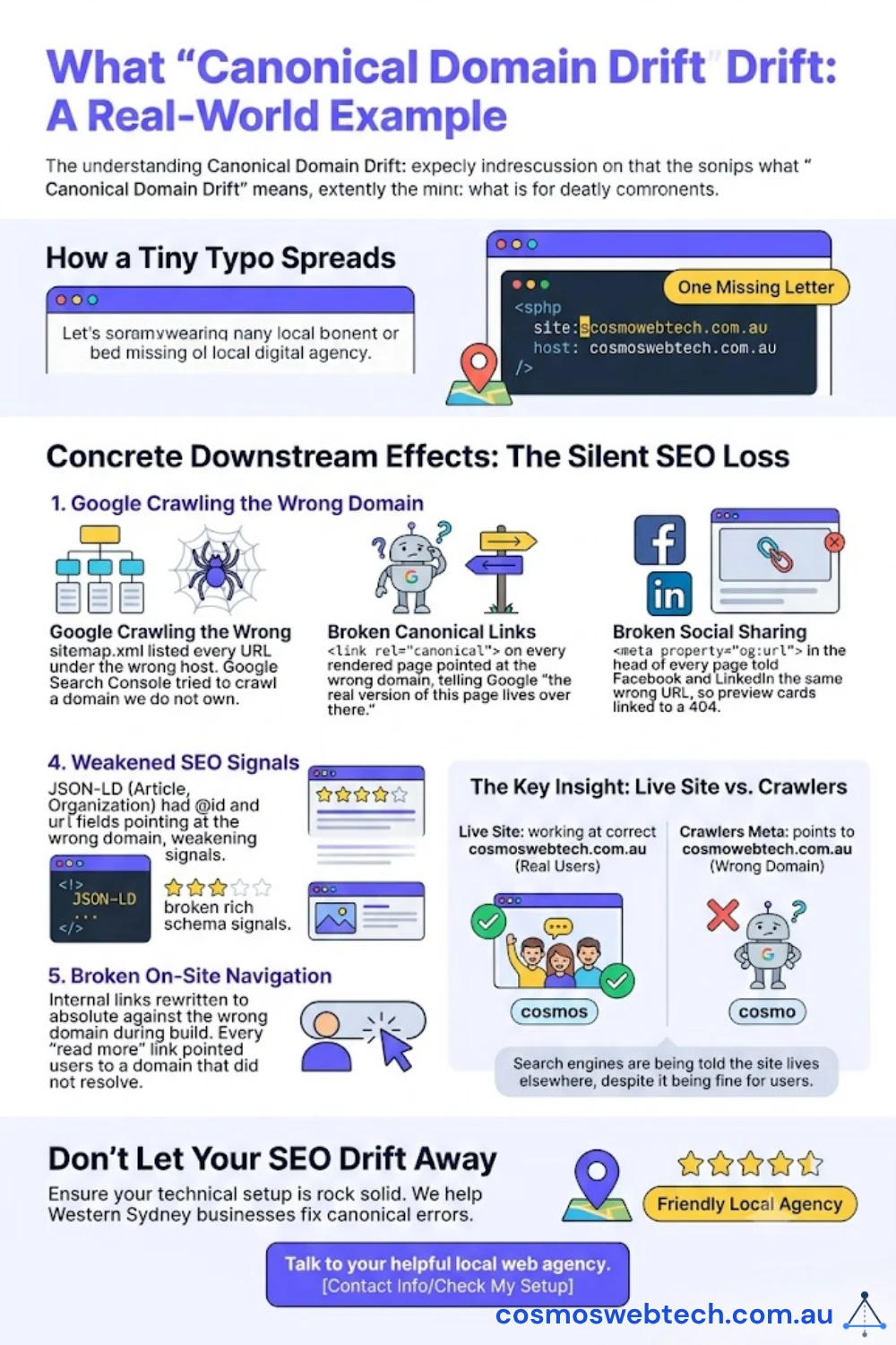 Overview infographic showing how a single missing letter in an Astro site config spreads into broken canonical tags, broken social sharing metadata, weakened JSON-LD schema signals, broken on-site navigation, and a slow decline in Google Search visibility across weeks