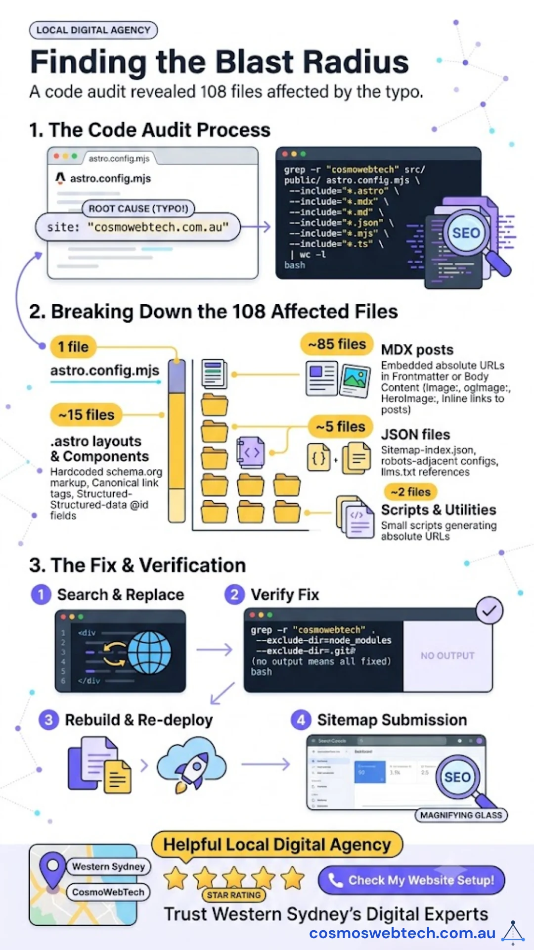 Three-step audit workflow: 1) The code audit process starting from the typo in astro.config.mjs and running grep across the src and public directories to enumerate affected files, 2) The breakdown of the 108 affected files across MDX posts (~85), Astro layouts and components (~15), JSON configs (~5), and small scripts (~2), 3) The fix and verification pattern — search and replace, verify with a re-grep for zero output, rebuild and re-deploy, then re-submit the sitemap to Search Console