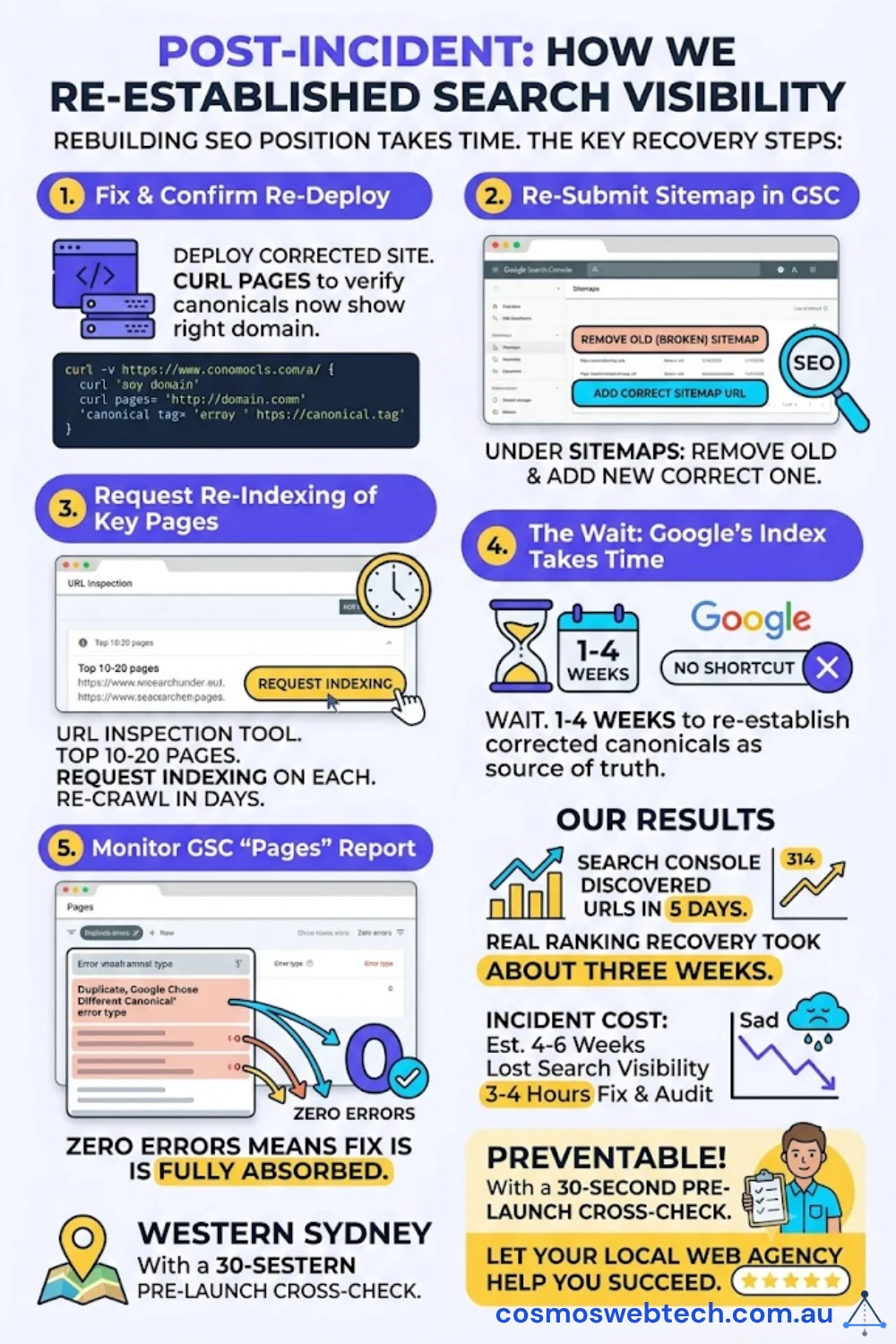 Post-incident recovery playbook: 1) Fix and confirm re-deploy — curl pages to verify canonicals now show the right domain, 2) Re-submit the sitemap in Google Search Console — remove the old broken sitemap, add the corrected one, 3) Request re-indexing of key pages via the URL Inspection tool on the top 10-20 pages, 4) Wait — Google’s index takes 1-4 weeks to re-establish corrected canonicals as the source of truth, 5) Monitor the GSC Pages report until the Duplicate Google chose different canonical error count reaches zero. Real-world results: Search Console started reporting real Discovered URLs within 5 days of the fix; full ranking recovery took about 3 weeks; incident cost was 4-6 weeks of lost visibility and 3-4 hours of fix and audit time — all preventable with 30 seconds of pre-launch cross-check