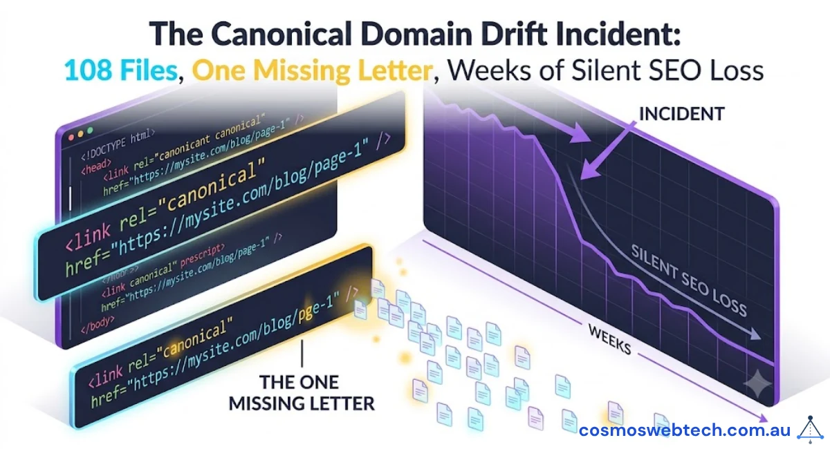 The Canonical Domain Drift Incident: 108 Files, One Missing Letter, Weeks of Silent SEO Loss