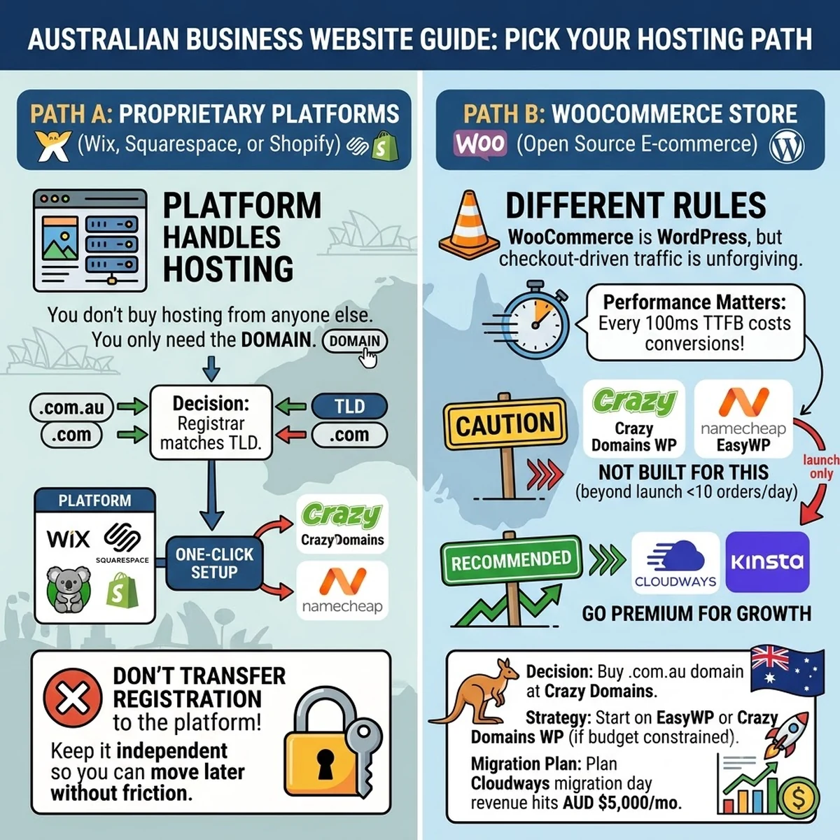 Choosing an e-commerce platform decision filter for Australian small business — WooCommerce (WordPress-based) versus Shopify (fully hosted SaaS) versus Wix/Squarespace commerce (builder-native), with the registrar-and-hosting implication for each platform choice
